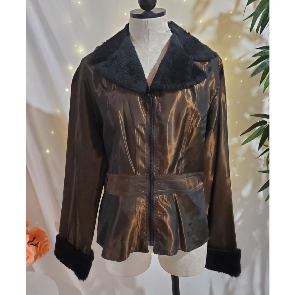 Vtg Point Blank Paris Blues 90s Y2K Iridescent Faux Fur Trim Zip Jacket Size L